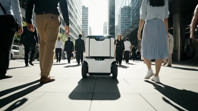 In a lively urban environment, a sleek robot glides effortlessly through crowds, showcasing advanced delivery technology against the backdrop of towering skyscrapers.