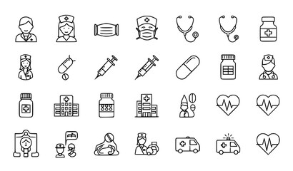 Fototapeta premium Medical icons set healthcare tools doctor nurse hospital outline vector isolated on white