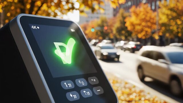 A hand engages with a modern parking meter while autumn leaves cascade in a vibrant cityscape. An advanced mobile payment method highlights the fusion of technology and urban convenience.