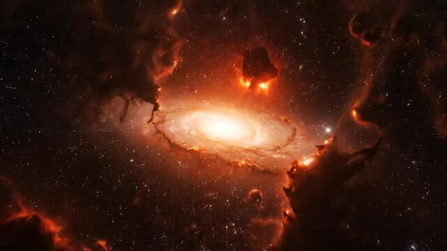 Epic and cosmic galaxy explosion revealing fiery nebula in deep space with sparkling stars