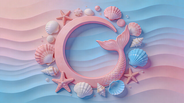 Digital illustration of a circular pink mermaid tail surrounded by seashells and starfish on a blue-pink gradient, creating a whimsical, dreamy ocean vibe.