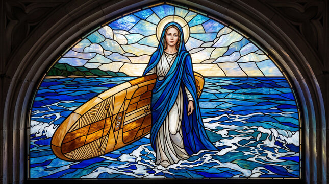Vitrail repr&eacute;sentant la Vierge Marie portant une planche de stand up paddle en bord de mer