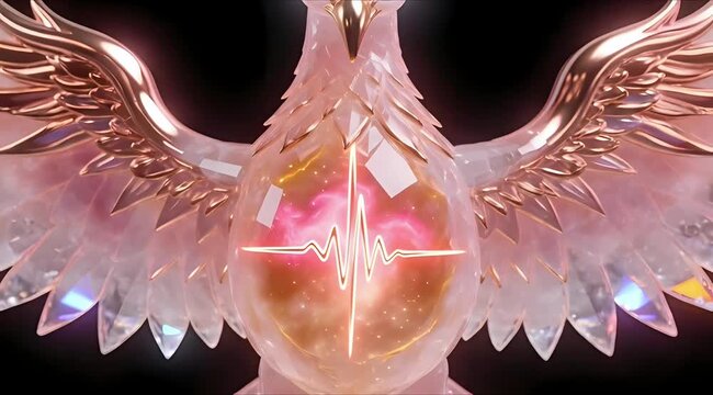 AI Life Concept: Mechanical Crystal Phoenix with Glowing Heartbeat Pulse, Rose Gold and Prismatic Quartz, Isolated on Black, 4K VFX Asset