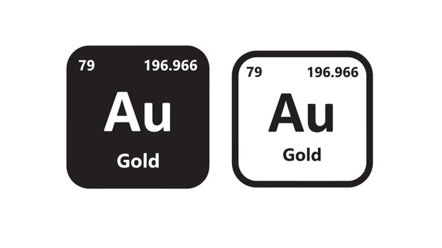 Gold element symbol Au, atomic number 79, and atomic mass 196.966 icons in black and white versions featuring Au, periodic table, science with