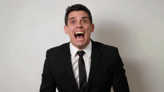 The man in the suit opened his mouth with an exaggerated expression