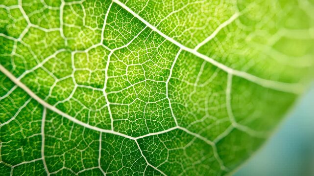 Close up of a vibrant green leaf showcasing intricate vein patterns. Nature's design is highlighted through the detailed texture and vivid color of the leaf