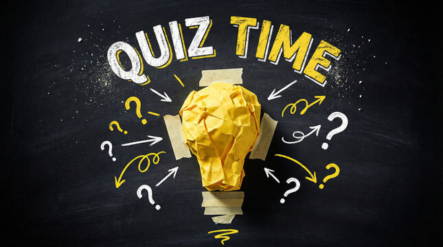 Quiz time sign with a yellow lightbulb and question marks on a blackboard background during a learning activity