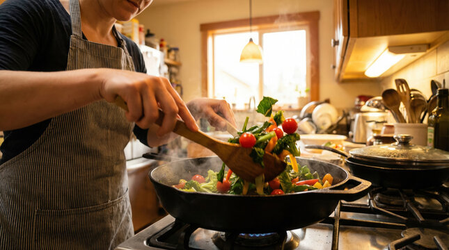 Person cooks vegetables in a kitchen while steam rises from the pan in the afternoon