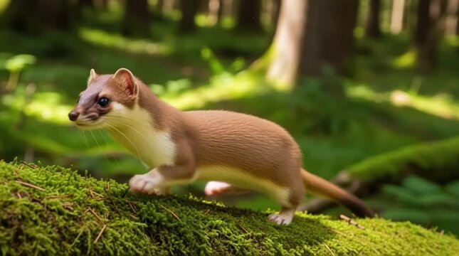 Elusive Stoat in Forest: A swift stoat with sleek fur and bright eyes navigates a moss-covered log within a sun-dappled forest, embodying the beauty of nature.