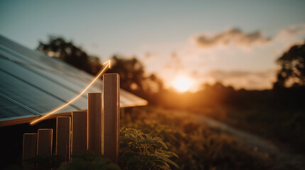 Fototapeta premium Renewable Energy Ascent: A visualization of growth and prosperity, with a bar graph overlayed on a photovoltaic panel and a stunning sunset background.