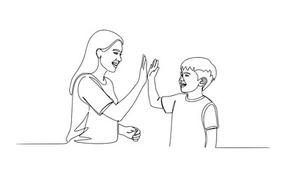 A minimalist line art illustration of a woman and a boy giving each other a high-five