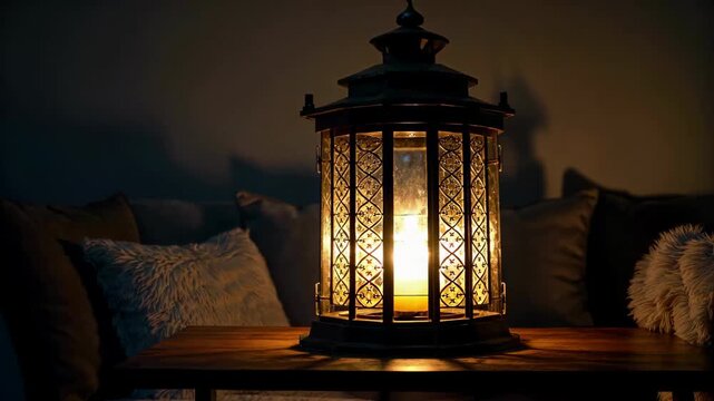 Glowing vintage style lantern on indoor table