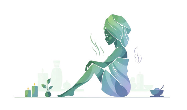 A serene woman enjoying a relaxing spa day with candles and skincare products