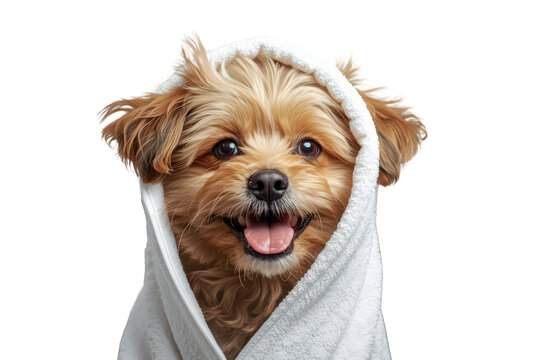 Happy small dog wrapped in a white towel after a bath standing on a transparent background
