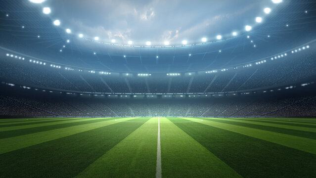 Football stadium at night. An imaginary stadium is modelled and rendered.