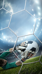 Goalkeeper catching the ball. An imaginary stadium is modelled and rendered. © efks