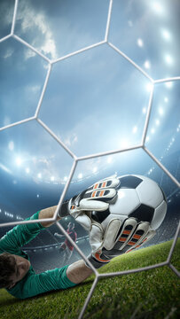 Goalkeeper catching the ball. An imaginary stadium is modelled and rendered.
