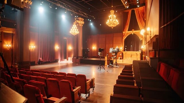 Grand theater interior with red seating, stage, chandeliers, and lighting equipment