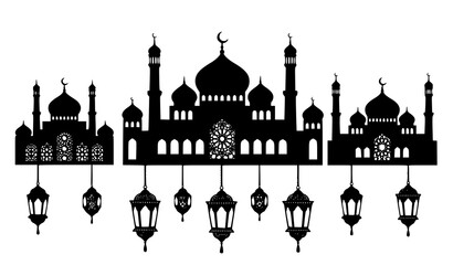 Islamic Architecture Silhouette Set – Mosque Skylines and Lanterns Vector © Romjan