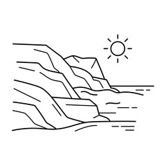 Illustration vectorielle minimaliste de falaises rocheuses plongeant dans la mer avec soleil. Paysage côtier inspiré du littoral breton et de l’océan Atlantique, dessiné en line art épuré. © Manon