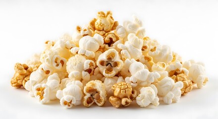 A pyramid of freshly popped popcorn on a white background