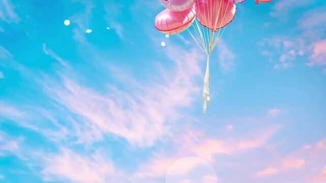 Pink balloons floating in a clear blue sky with soft clouds creating a light celebratory background with copy space