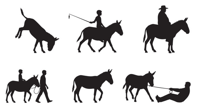 Donkeys in various poses with people, including riding, leading, and one donkey bucking, presented as a silhouette set.