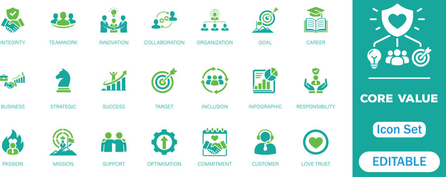 Core values and business ethics perfect solid icon set. Collection symbols for Integrity, teamwork, innovation, career, goal. Flat vector design for corporate culture and mission statements icons.



