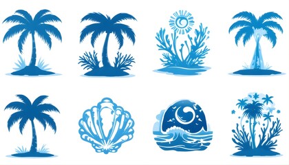 Obraz premium Untitled design - 1Tropical Beach Elements Set with Palm Trees, Seashells, Starfish and Ocean Icons, Blue Minimal Vector Collection