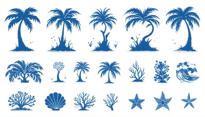 Fototapeta premium Untitled design - 1Tropical Beach Elements Set with Palm Trees, Seashells, Starfish and Ocean Icons, Blue Minimal Vector Collection