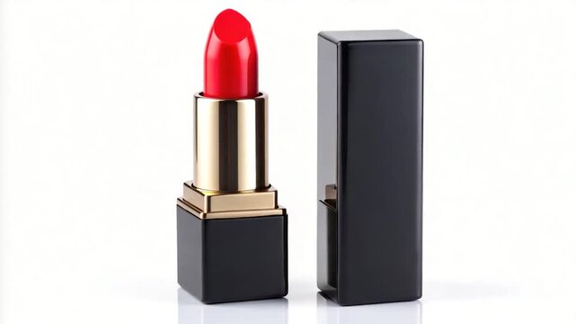 A vibrant red lipstick stands next to its case on a clean white backdrop, elegant cosmetics
