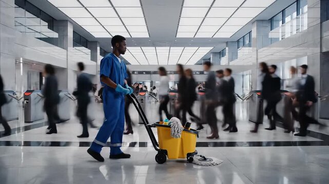 In a busy corporate setting, professionals rush by as a dedicated cleaner mops the floor, illustrating the harmony of effort and routine in a dynamic city.