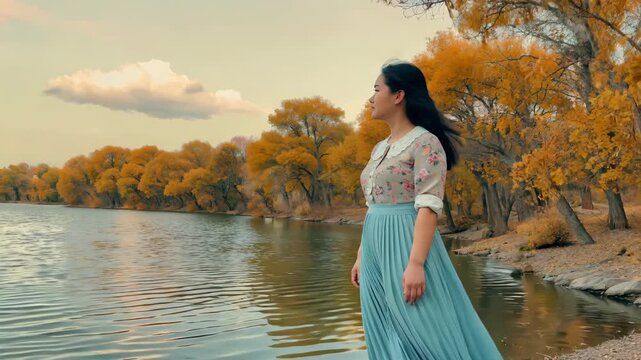 Women enjoy the autumn scenery by the lake