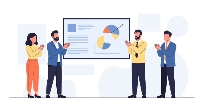 Business team applauding success near a presentation board with charts and graphs.