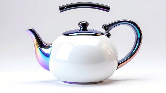A white spherical kettle features iridescent accents, a curved handle and a detached, arched top piece