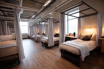 Fototapeta premium Bright shared dorm room with rows of beds and hanging curtains