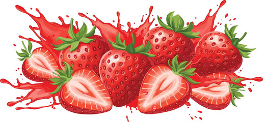 Fresh Strawberry Splash Composition with Whole and Sliced Berries, Juicy Red Fruit Burst, Organic Summer Food Design Element Vector Illustration © Selim Studio