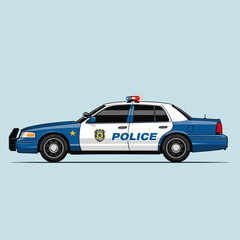Side view illustration of a blue and white police patrol car with emergency lights on a light blue background. © cemoro