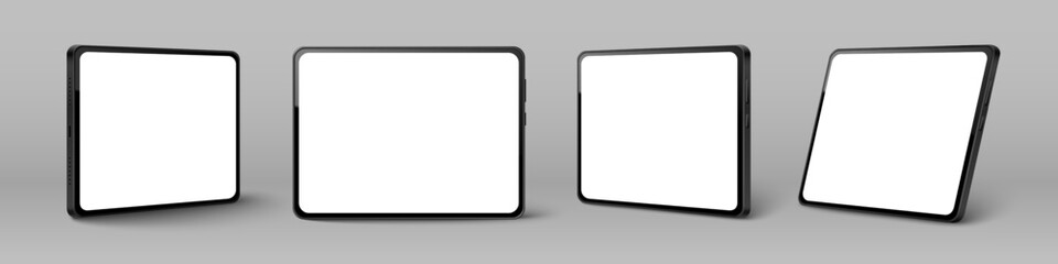 Tablet mockup set with blank white screen and black metal frame. Realistic vector illustrations of pad device template, front and different angles view isolated on grey background. 3d device design