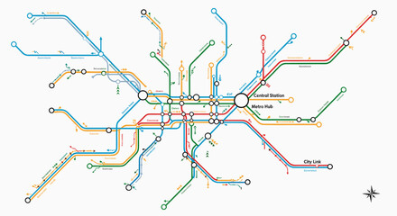 A complex schematic diagram illustrating a multi-colored public transportation network with numerous interconnected lines and stations, resembling a subway or metro map. © cemoro