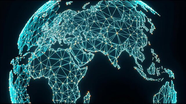 Glowing digital globe network mesh connecting continents with illuminated nodes, triangular connection lines and data driven technology conveying