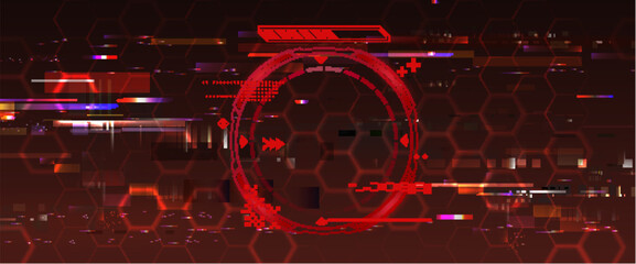 Futuristic HUD interface frame with glitch effect on red warning display background. Vector realistic illustration of cyberpunk data breach screen, abstract neon tech wallpaper, hacker attack concept
