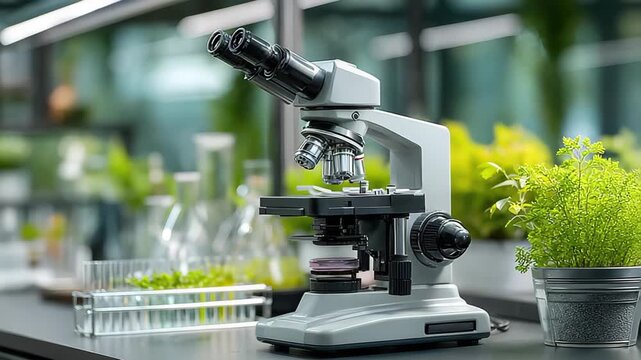 Scientific microscope on a lab desk with glass flasks and test tubes in a blurred botanical research environment