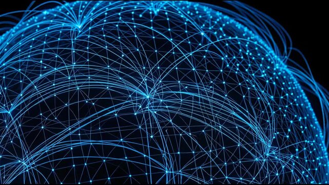 Glowing blue network globe with interconnected data nodes, curved connection lines and dynamic digital connectivity forming global sphere of node