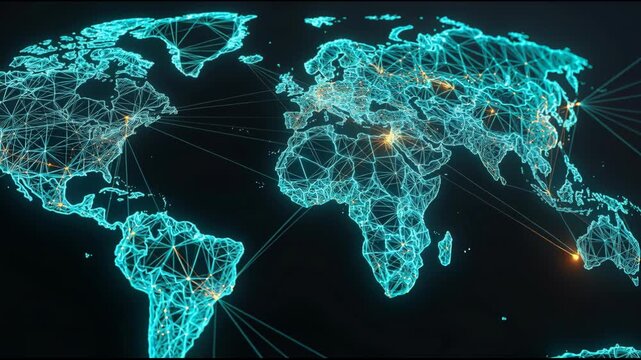 Neon network world map of connected continents with glowing nodes, lines and hubs conveying global digital communication, data links and dynamic