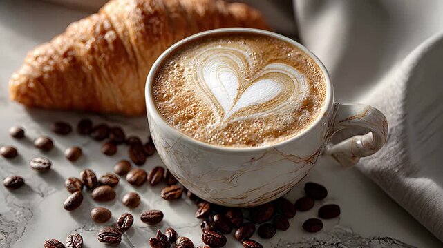 A cup of latte coffee with heart shaped latte art and a fresh croissant on a marble table with coffee beans