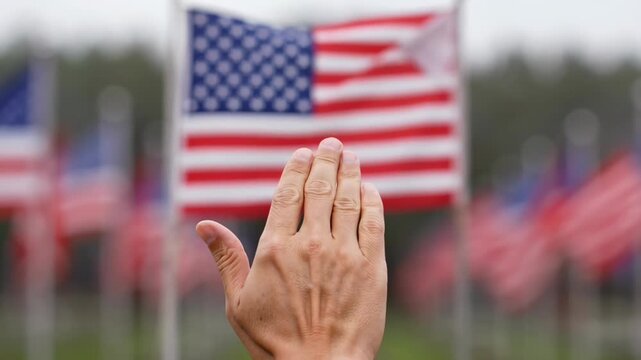 Patriotic Memorial Day USA Celebration with Flag and Hand Gesture  Honoring Veterans and Fallen Soldiers