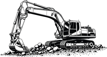 Excavator construction machine illustration, heavy crawler digger working on rocks, industrial equipment vector isolated on white background © Ansarun