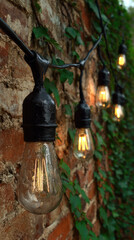 Graduation party outdoor decor features vintage string lights glowing warmly against rustic brick wall with green ivy creating festive and inviting atmosphere for celebration