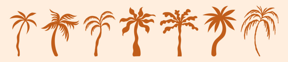 Obraz premium Vector logo and print design templates, summer palms, tropical hand drawn illustrations, tropical surfing concept, vacation and travel, palm trees and hippie boho elements